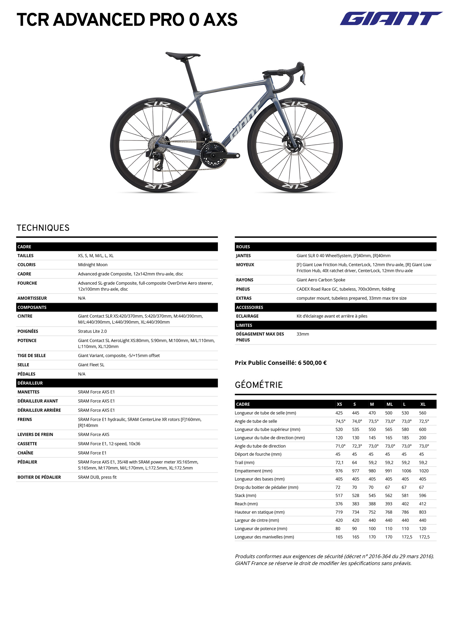 Fiche technique du velo TCR Advanced Pro 0 AXS année 2026